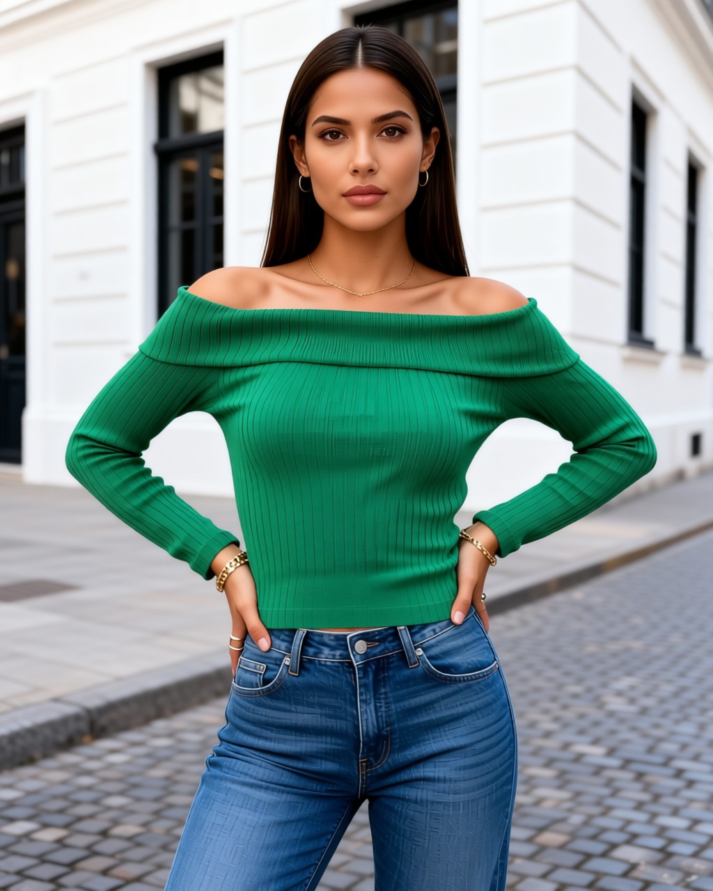 Blusa campesina de viscosa acanalada con hombros descubiertos