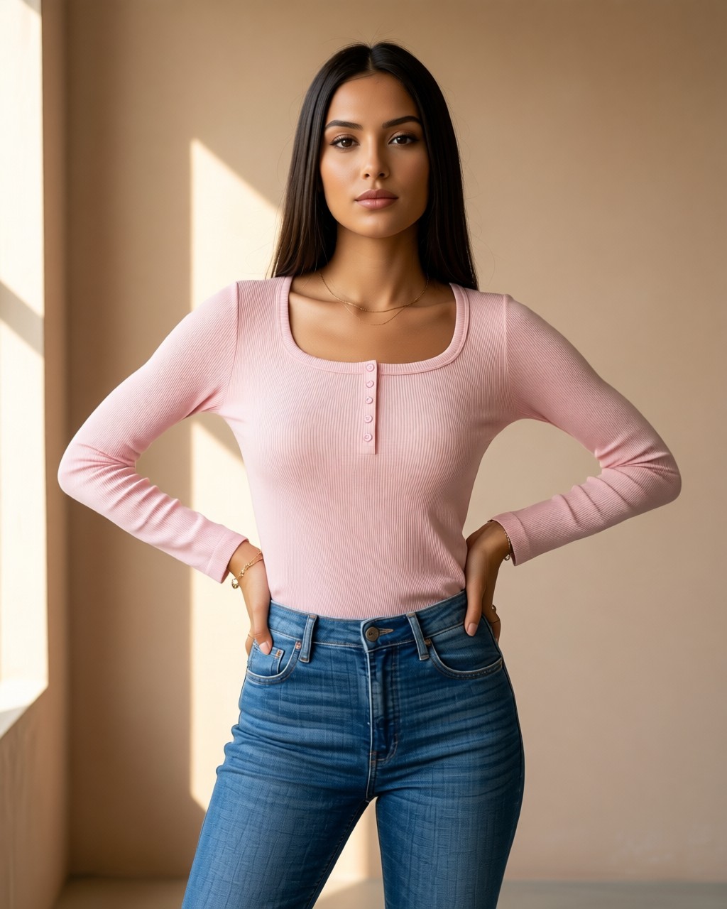 Blusa Karen lisa de punto acanalado con botones simulados y escote cuadrado