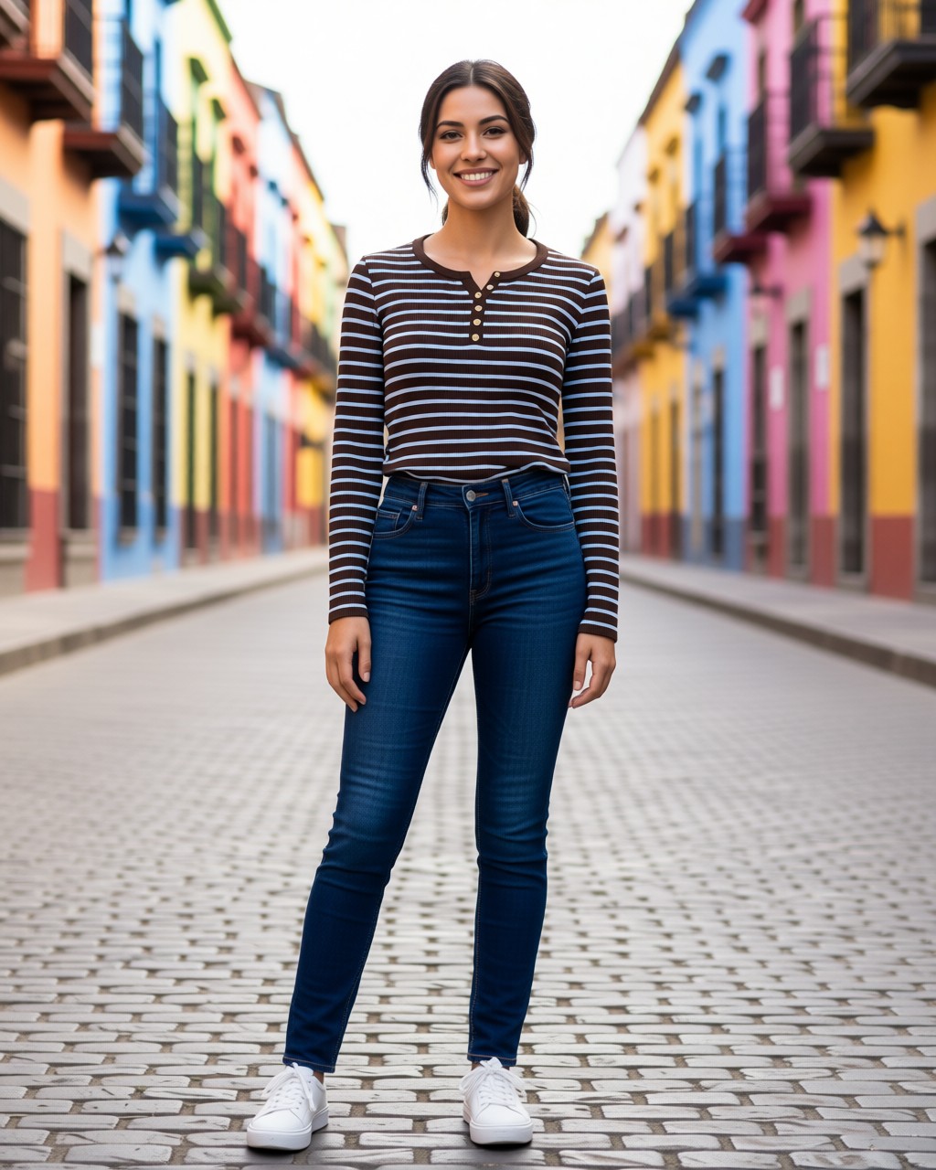 Blusa Sandy de punto acanalado rayada con botones simulados