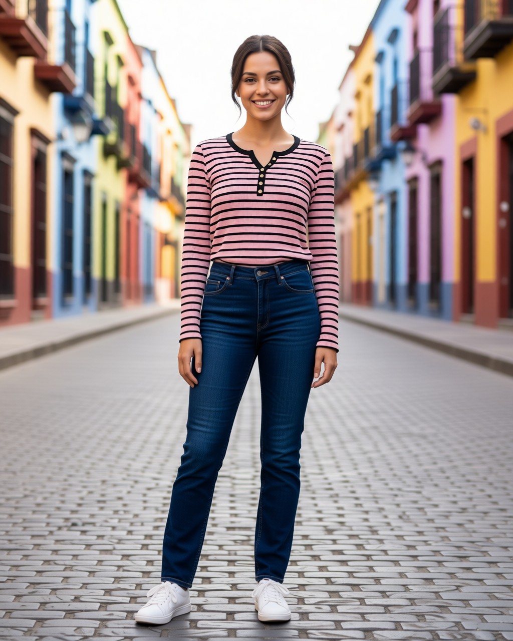 Blusa Sandy de punto acanalado rayada con botones simulados