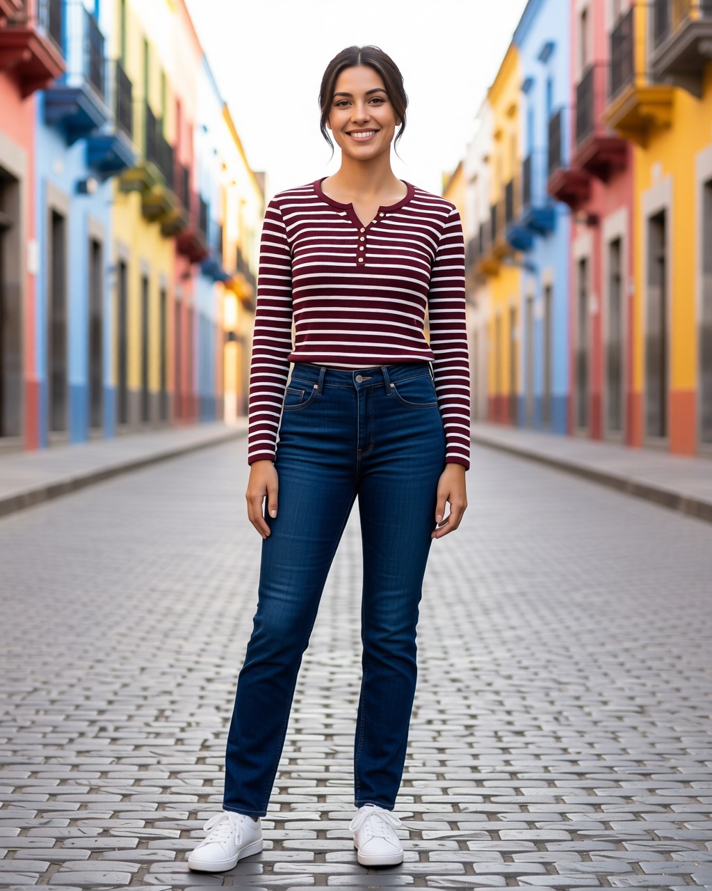 Blusa Sandy de punto acanalado rayada con botones simulados