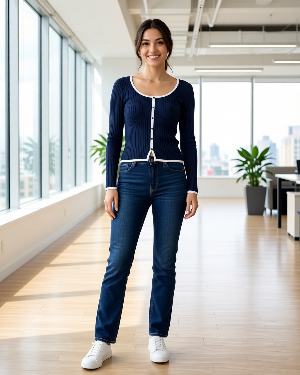 Blusa de viscosa acanalada con botones simulados y ribete de contraste