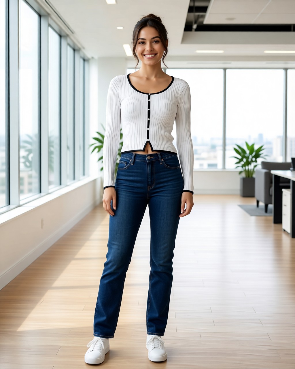 Blusa de viscosa acanalada con botones simulados y ribete de contraste