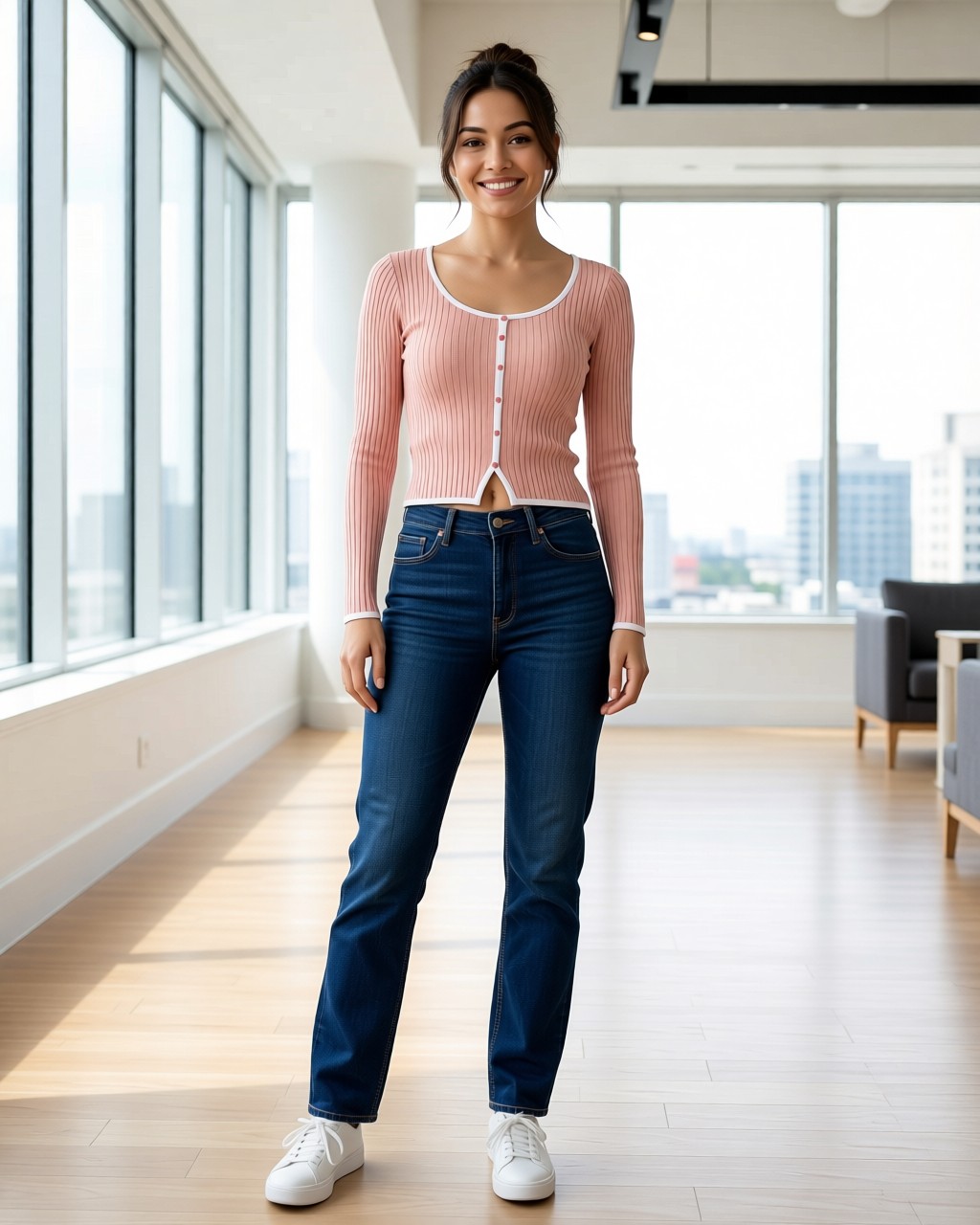 Blusa de viscosa acanalada con botones simulados y ribete de contraste