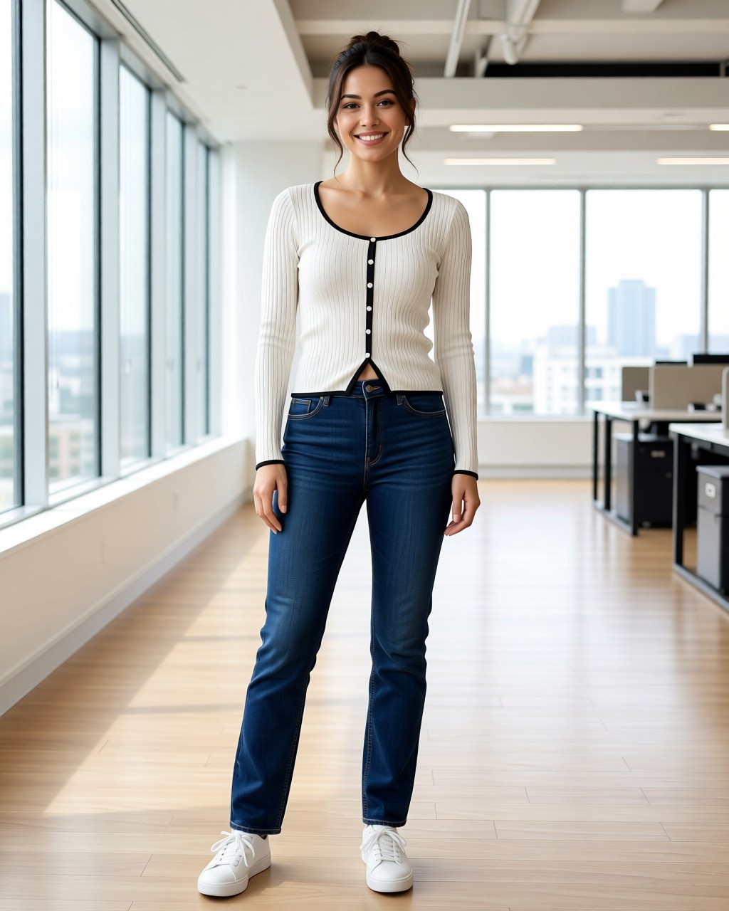Blusa de viscosa acanalada con botones simulados y ribete de contraste