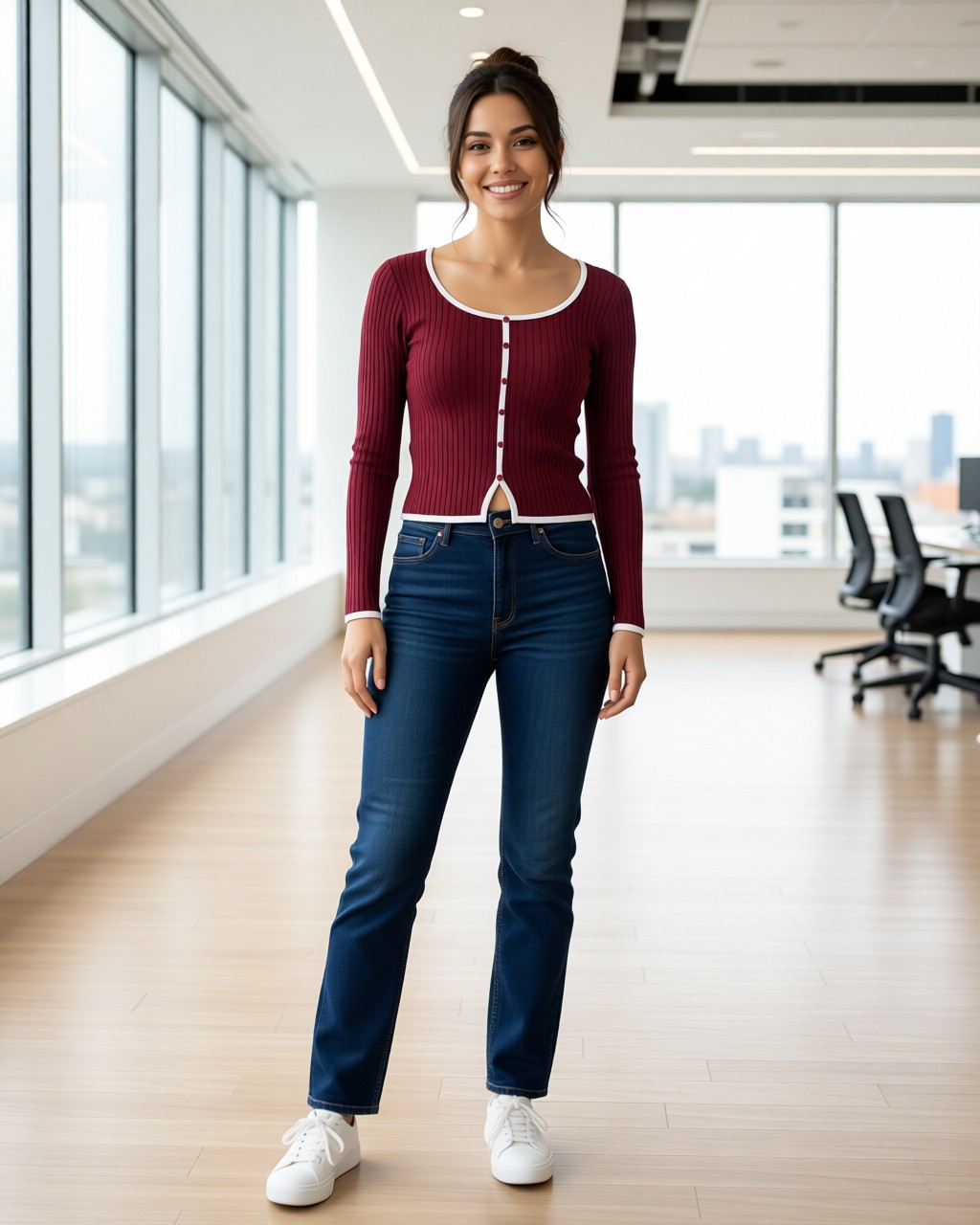 Blusa de viscosa acanalada con botones simulados y ribete de contraste