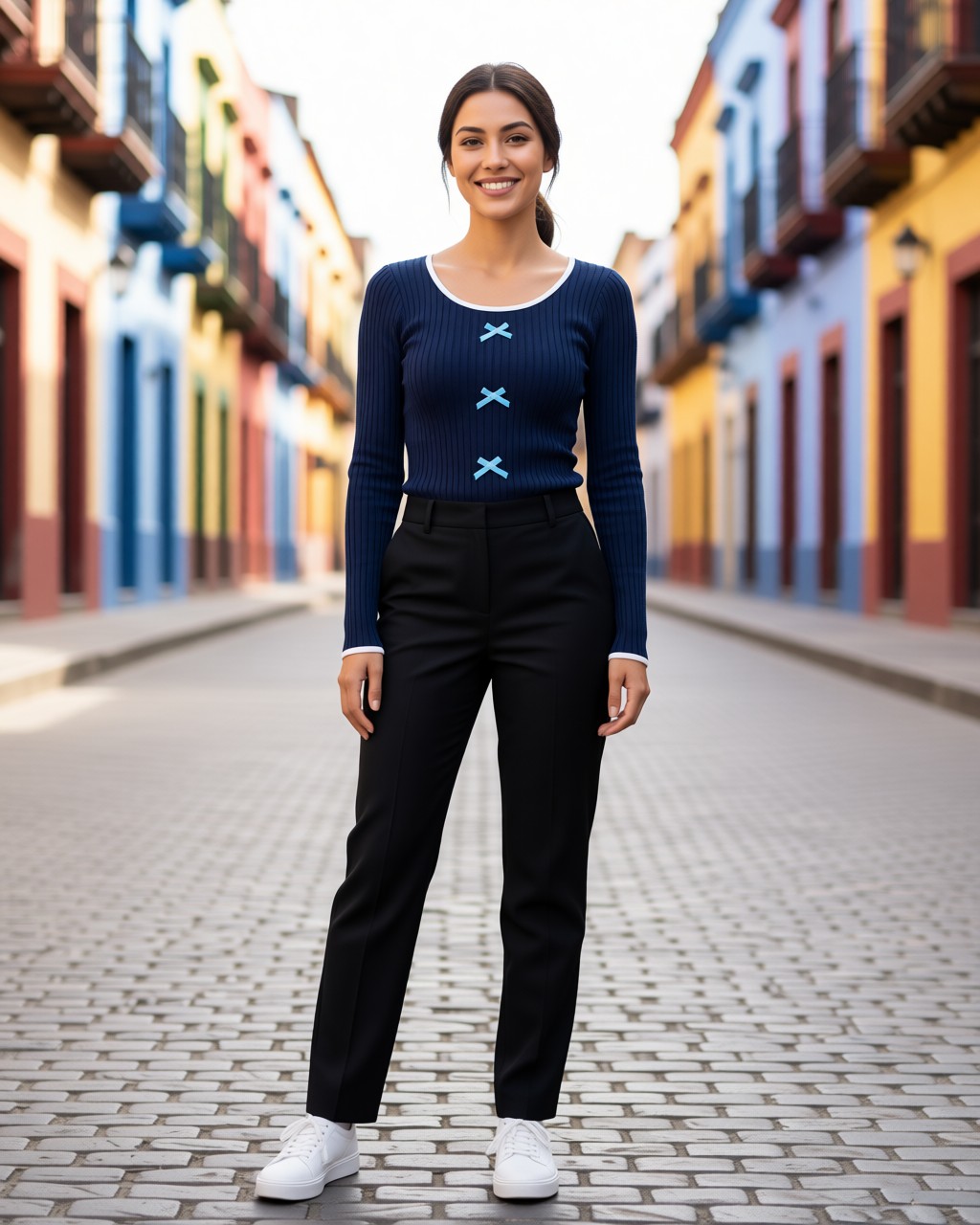 Blusa de viscosa acanalada con moños al frente y ribete de contraste
