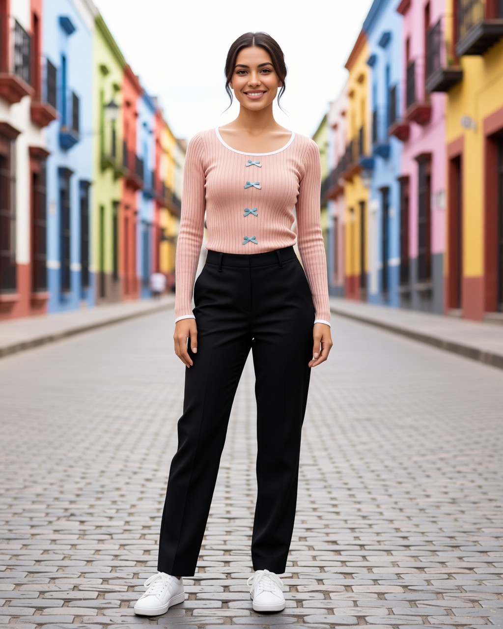Blusa de viscosa acanalada con moños al frente y ribete de contraste