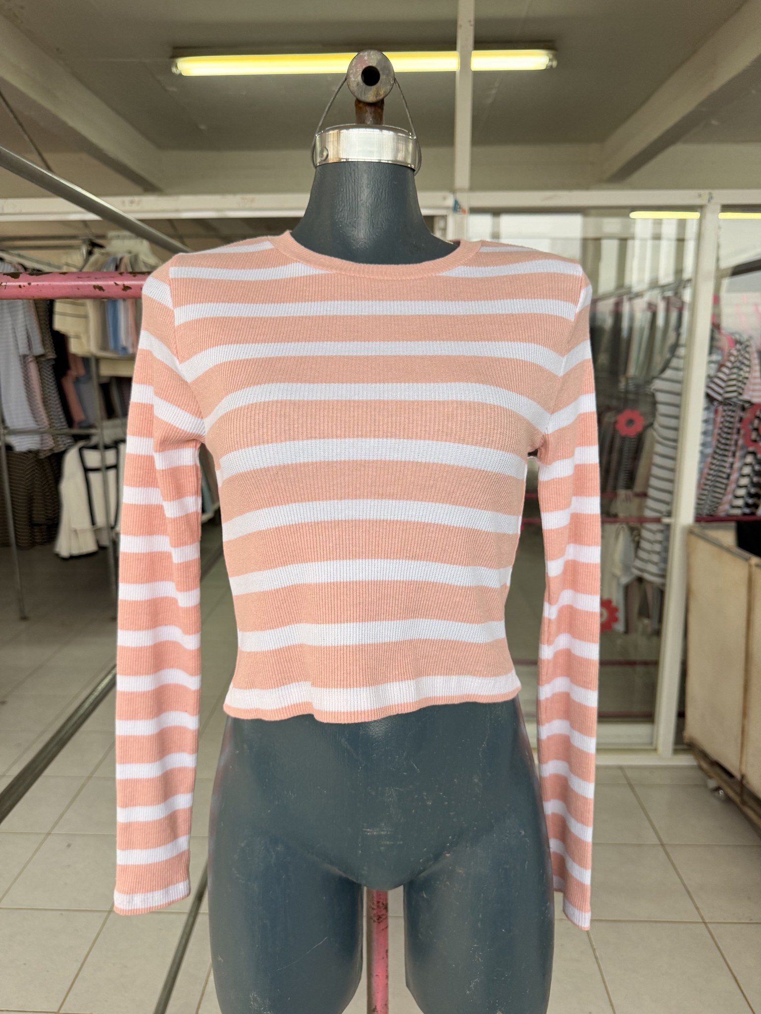 Blusa Sabine corta rayada de punto acanalado con cuello redondo