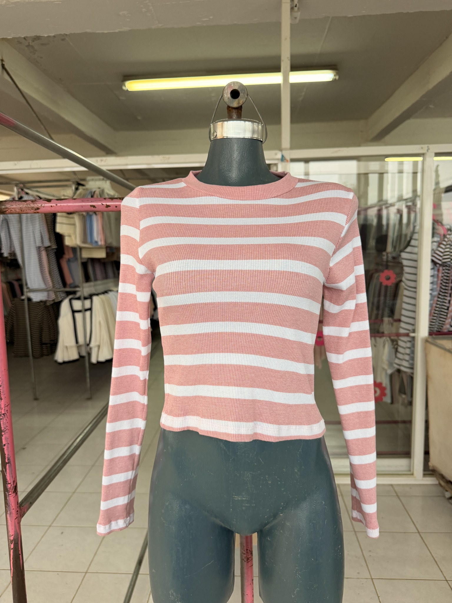 Blusa Sabine corta rayada de punto acanalado con cuello redondo