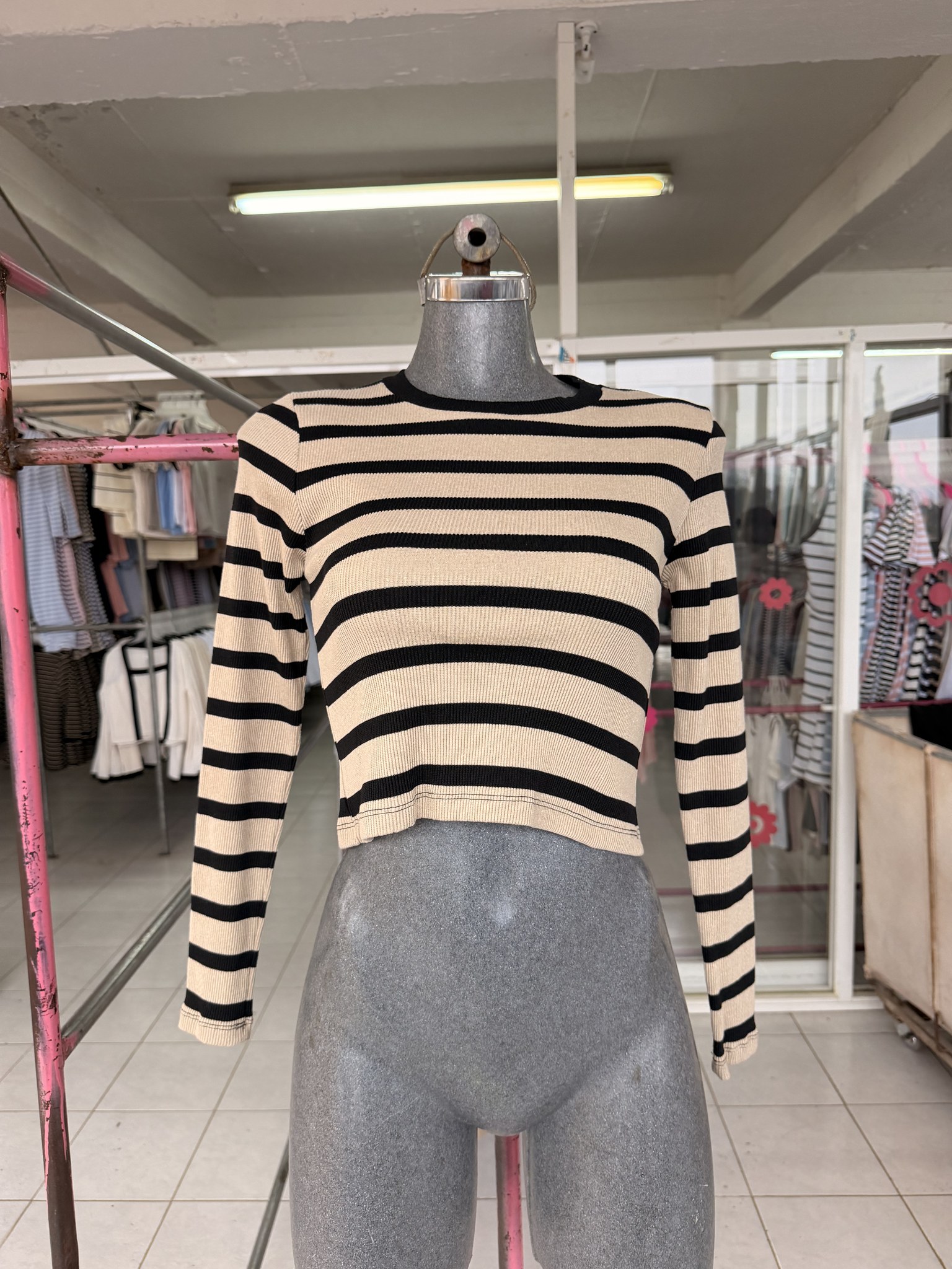 Blusa Sabine corta rayada de punto acanalado con cuello redondo