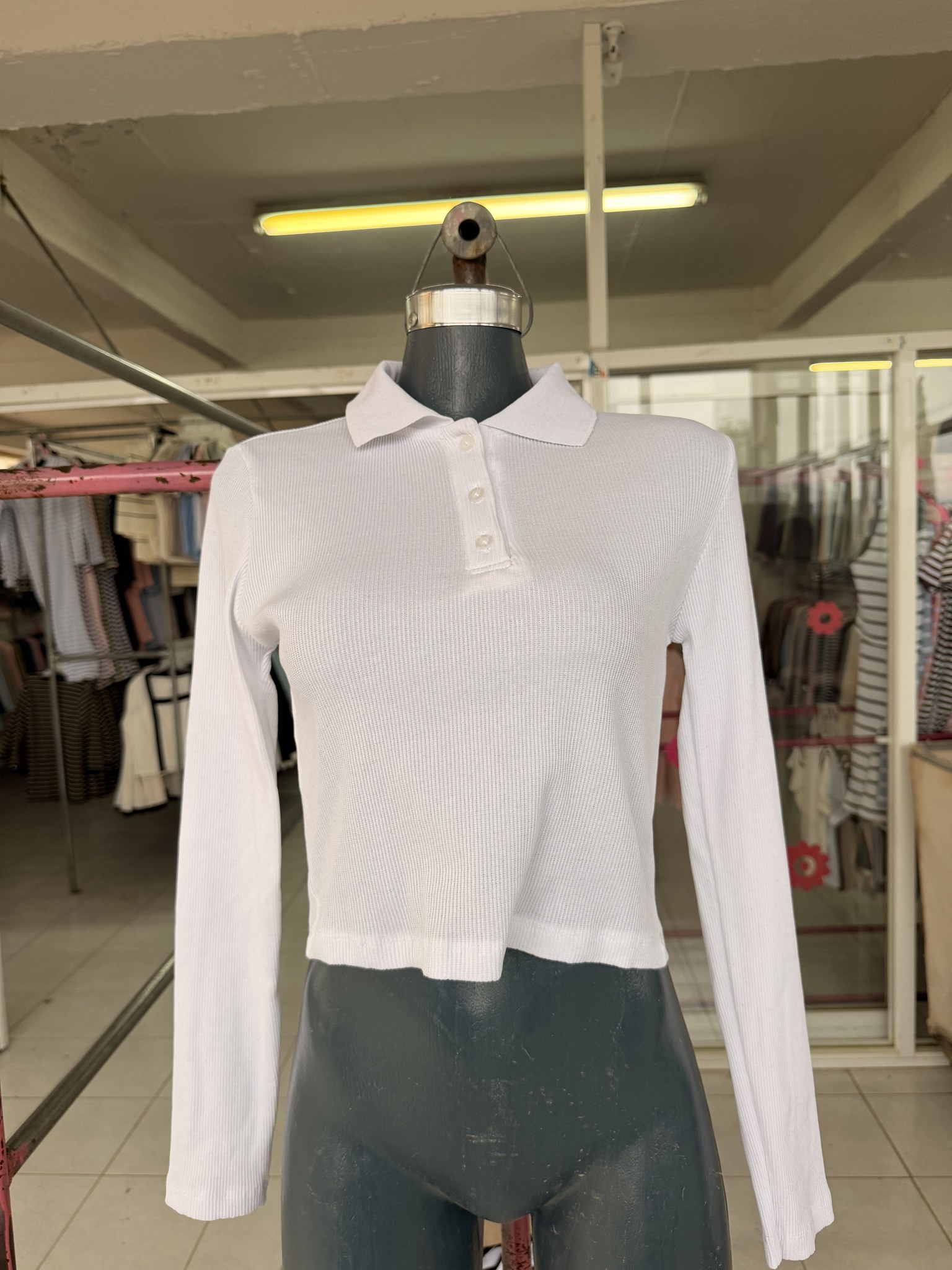 Blusa Andy corta de punto acanalado con cuello sport y botones