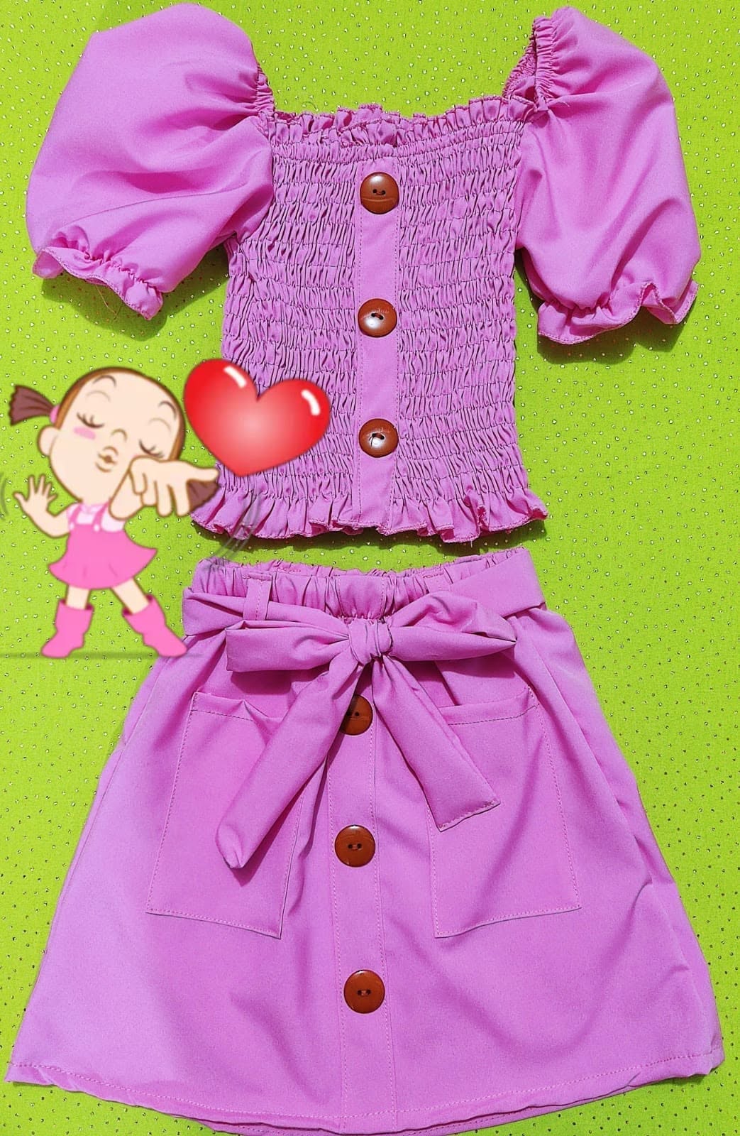 Conjunto de niña top fruncido con falda de botones