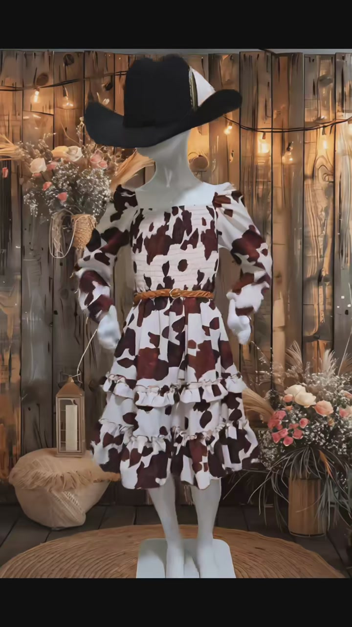 Vestido vaquero de niña manga larga con estampado de vaca