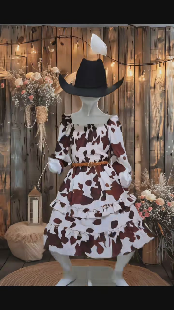Vestido vaquero de niña manga larga con estampado de vaca