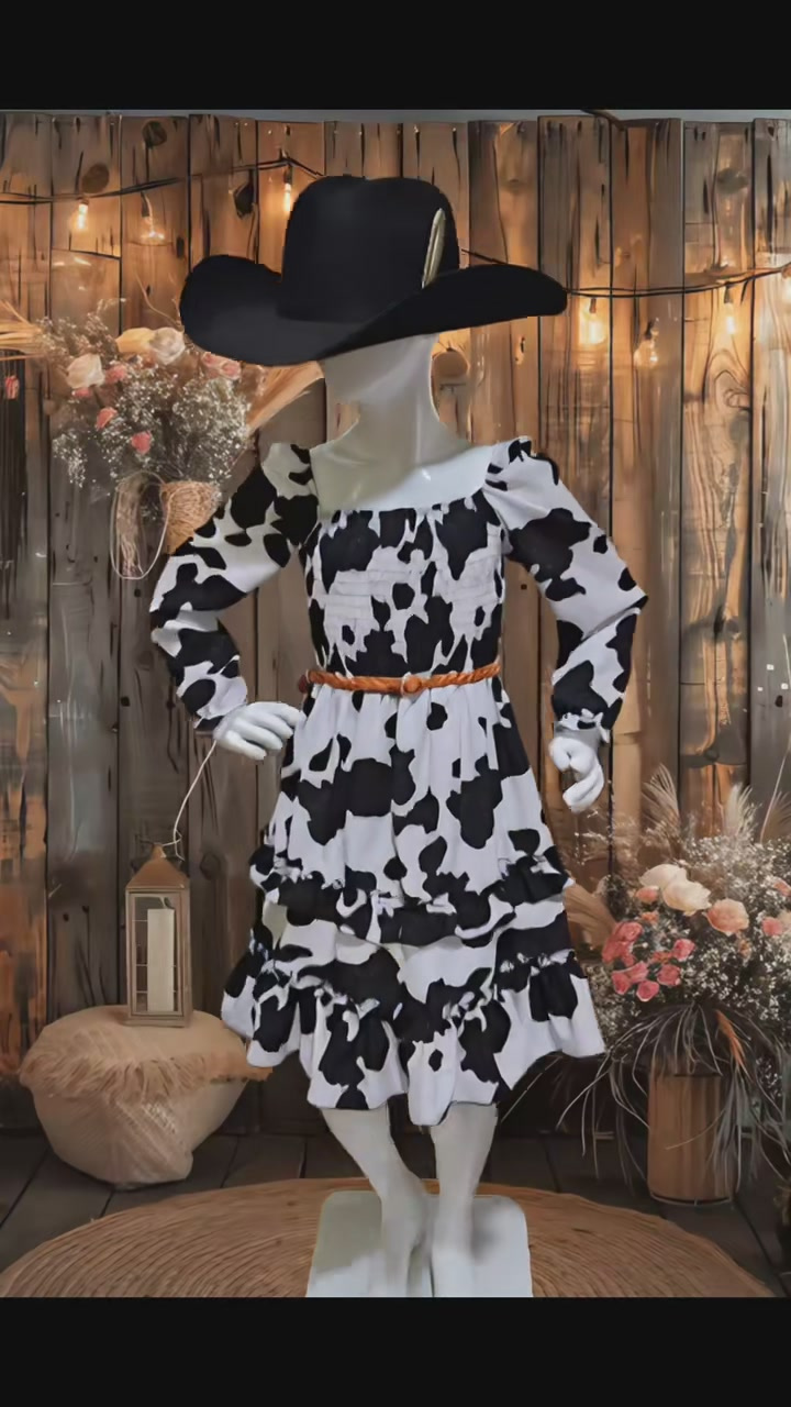 Vestido vaquero de niña manga larga con estampado de vaca