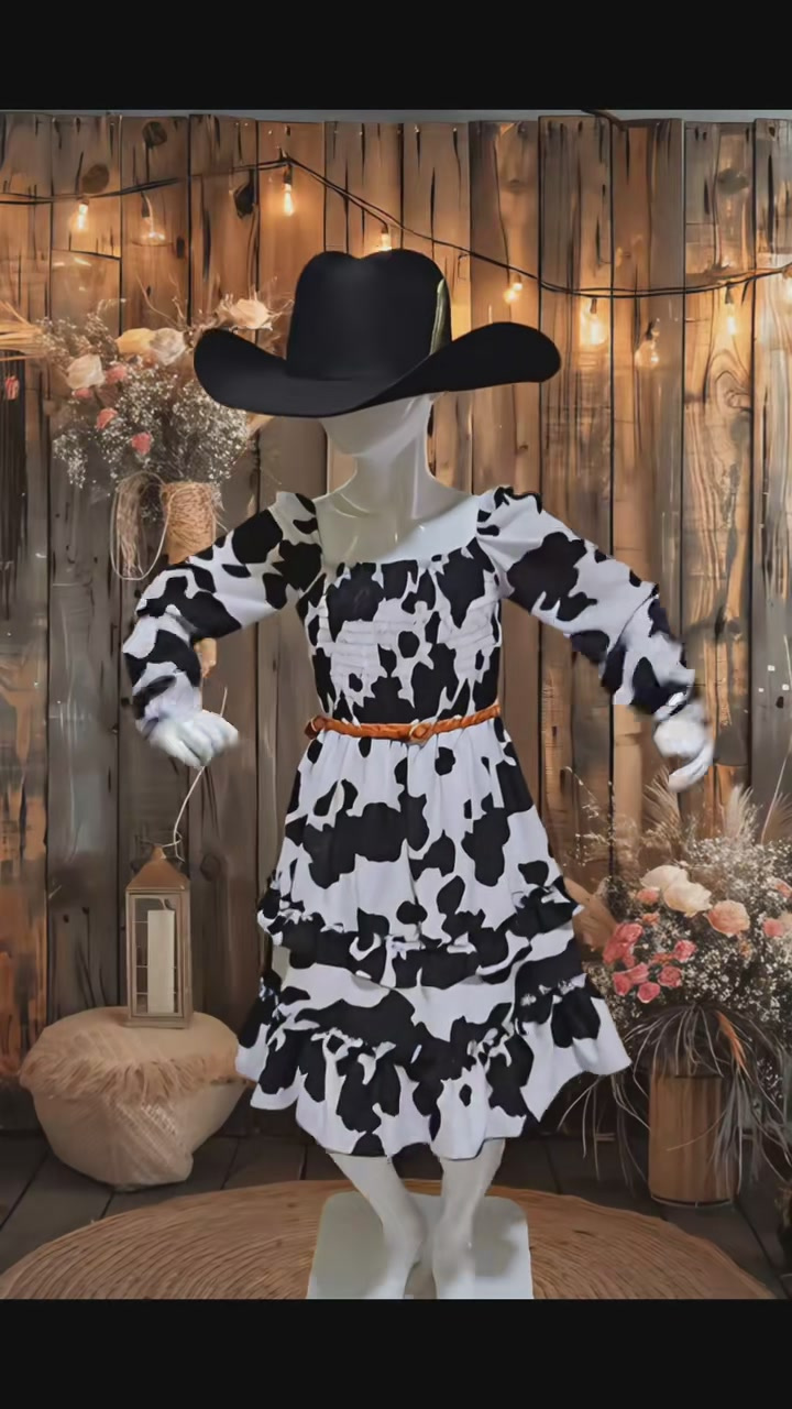 Vestido vaquero de niña manga larga con estampado de vaca