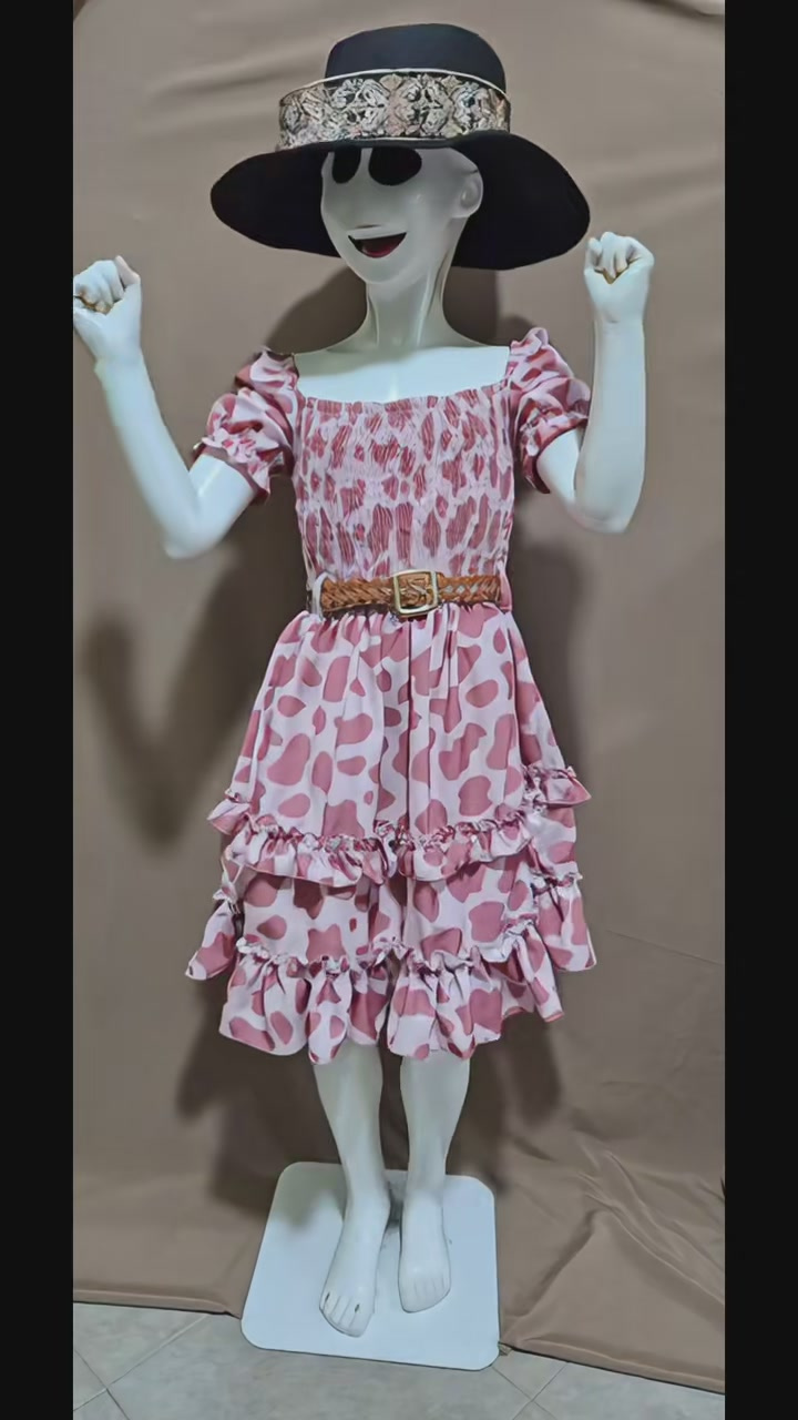 Vestido vaquero de niña con estampado de vaca y olanes