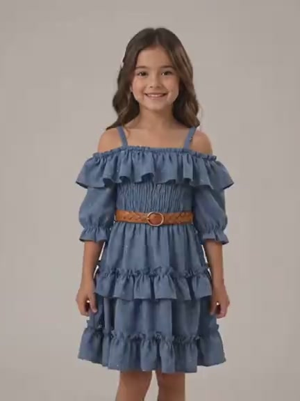 Vestido de niña Hanna Brillo con hombros descubiertos y olanes