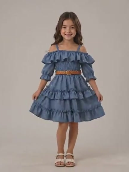 Vestido de niña Hanna Brillo con hombros descubiertos y olanes