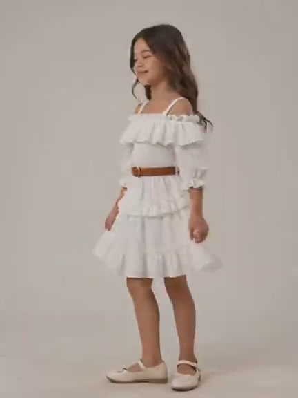 Vestido de niña Hanna Brillo con hombros descubiertos y olanes