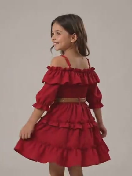 Vestido de niña Hanna Brillo con hombros descubiertos y olanes