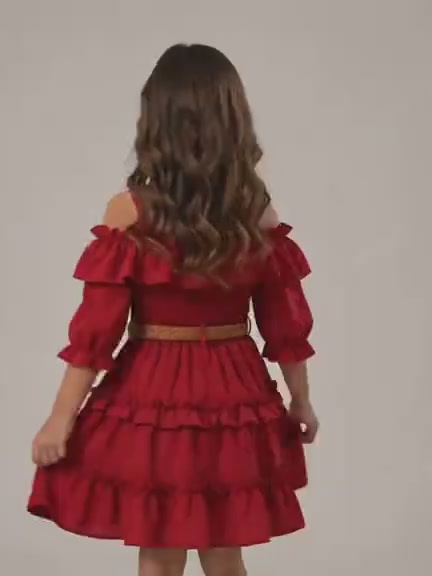 Vestido de niña Hanna Brillo con hombros descubiertos y olanes