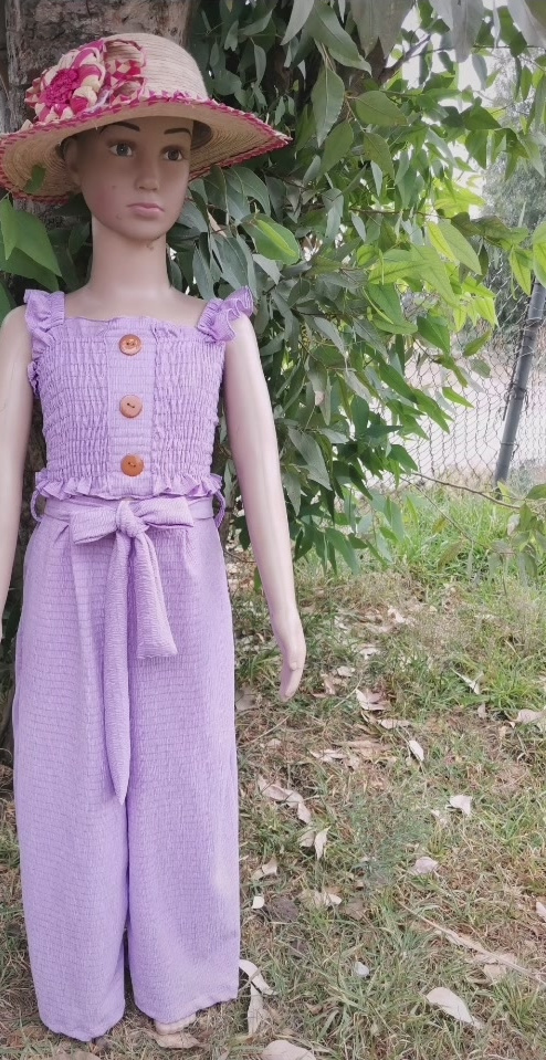 Conjunto de niña en tela yoyo: top fruncido y pantalón ancho