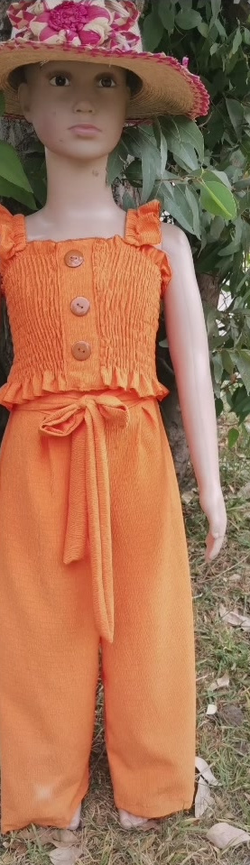 Conjunto de niña en tela yoyo: top fruncido y pantalón ancho