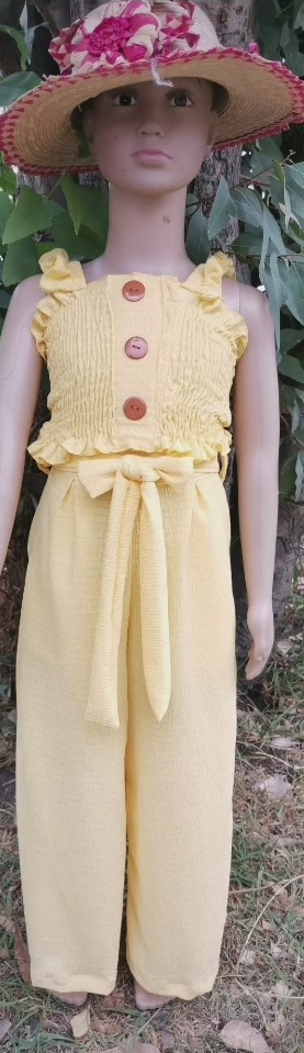 Conjunto de niña en tela yoyo: top fruncido y pantalón ancho