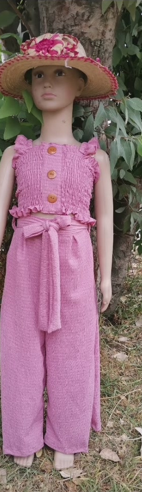 Conjunto de niña en tela yoyo: top fruncido y pantalón ancho