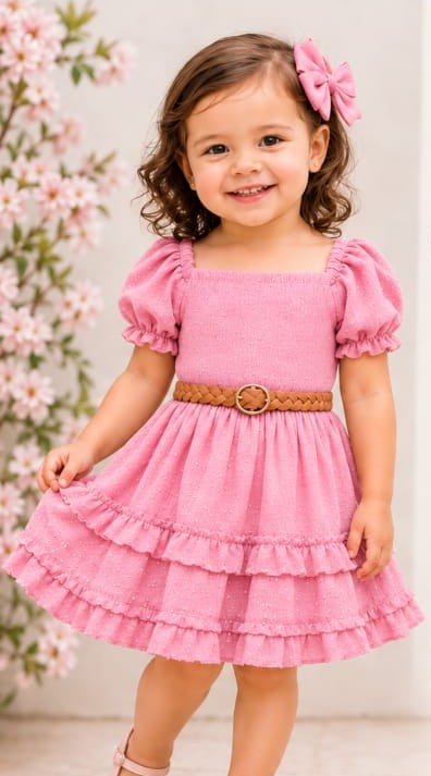 Vestido de bebé Carol Brillitos con cinturón trenzado