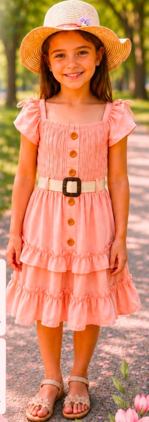 Vestido de niña Encanto con botones, moñitos y cinturón