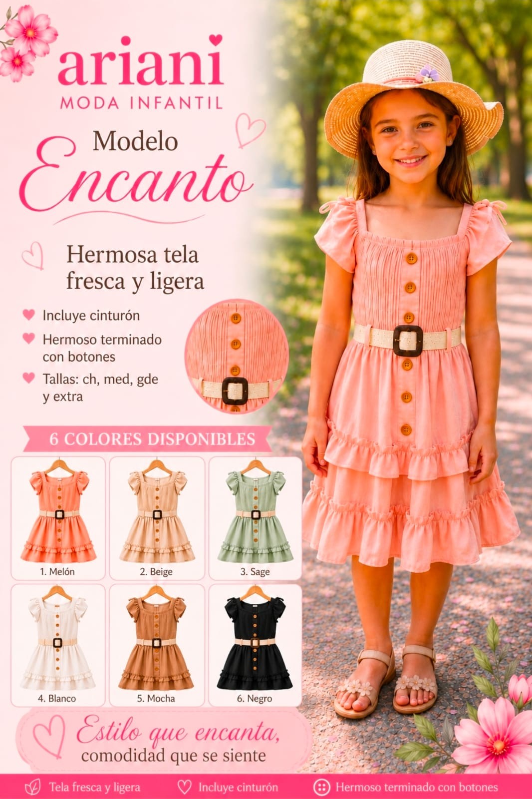 Vestido de niña Encanto con botones, moñitos y cinturón