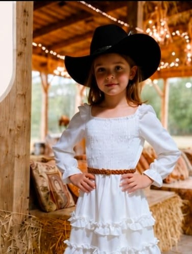 Vestido de niña Carol manga larga doble olán con cinturón trenzado