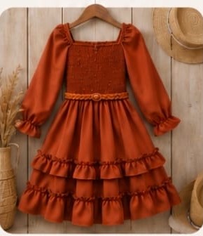Vestido de niña Carol manga larga doble olán con cinturón trenzado