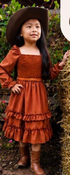 Vestido de niña Carol manga larga doble olán con cinturón trenzado