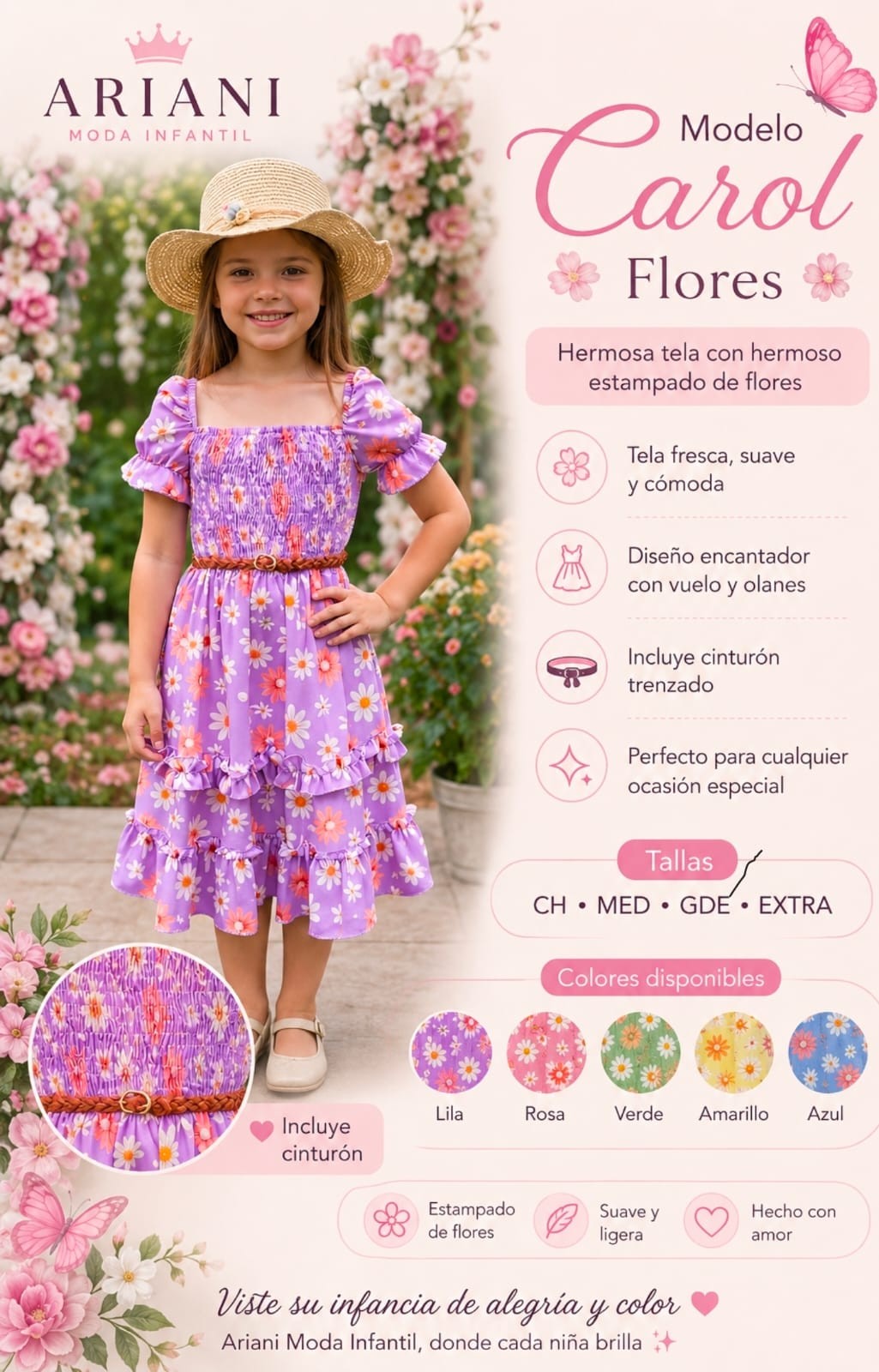 Vestido de niña Carol floreado con cinturón trenzado