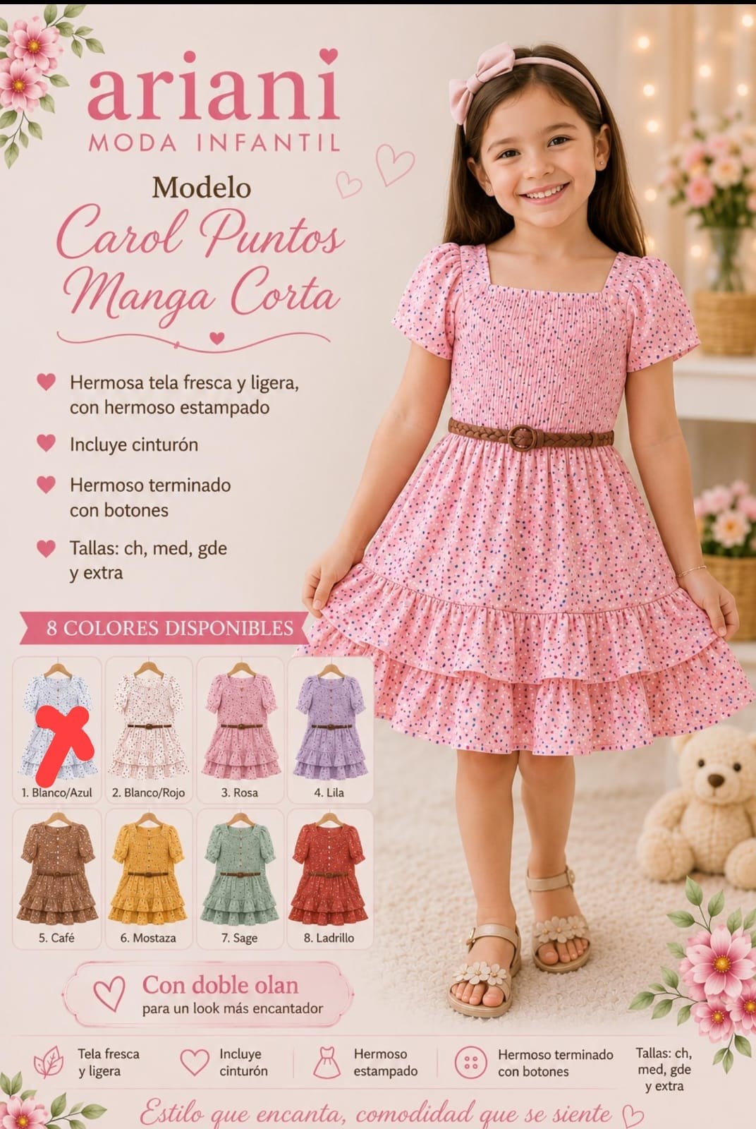 Vestido de niña Carol puntitos manga corta doble olán