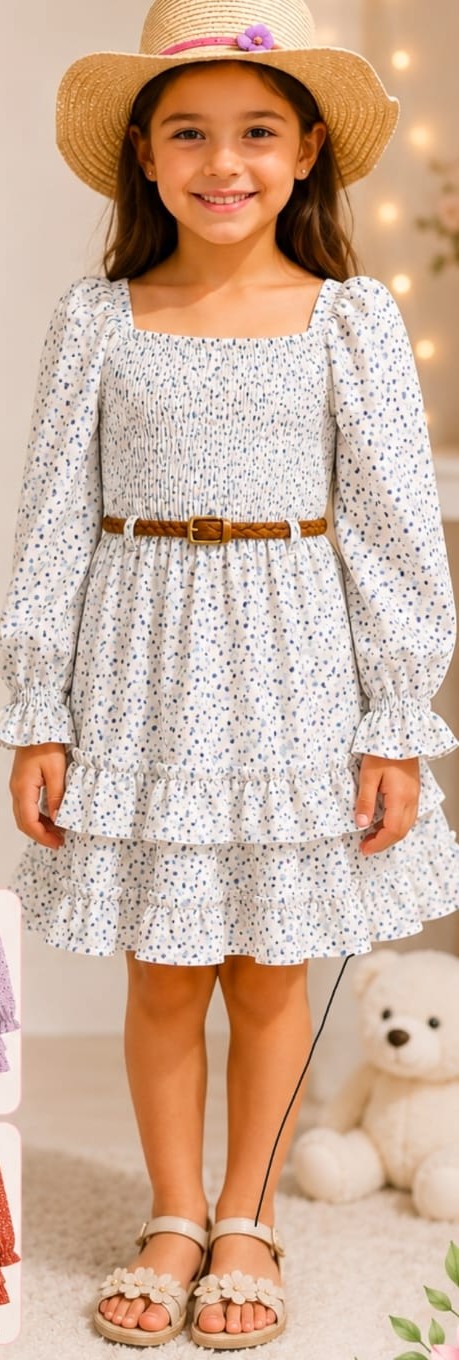 Vestido de niña Carol puntitos manga larga doble olán
