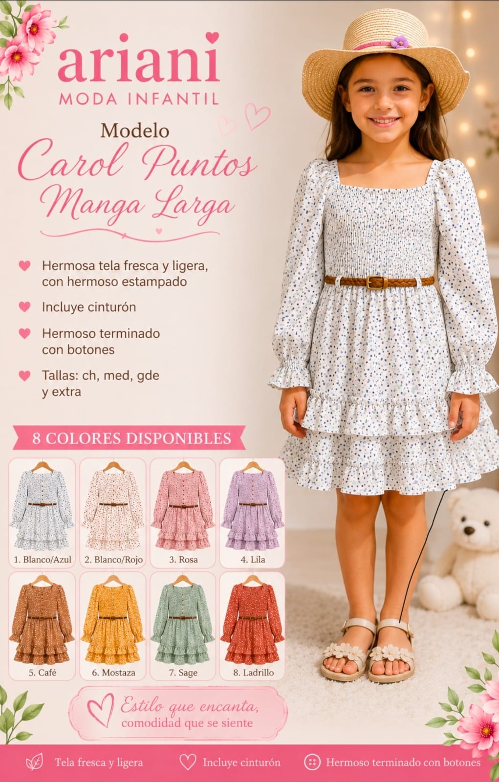 Vestido de niña Carol puntitos manga larga doble olán