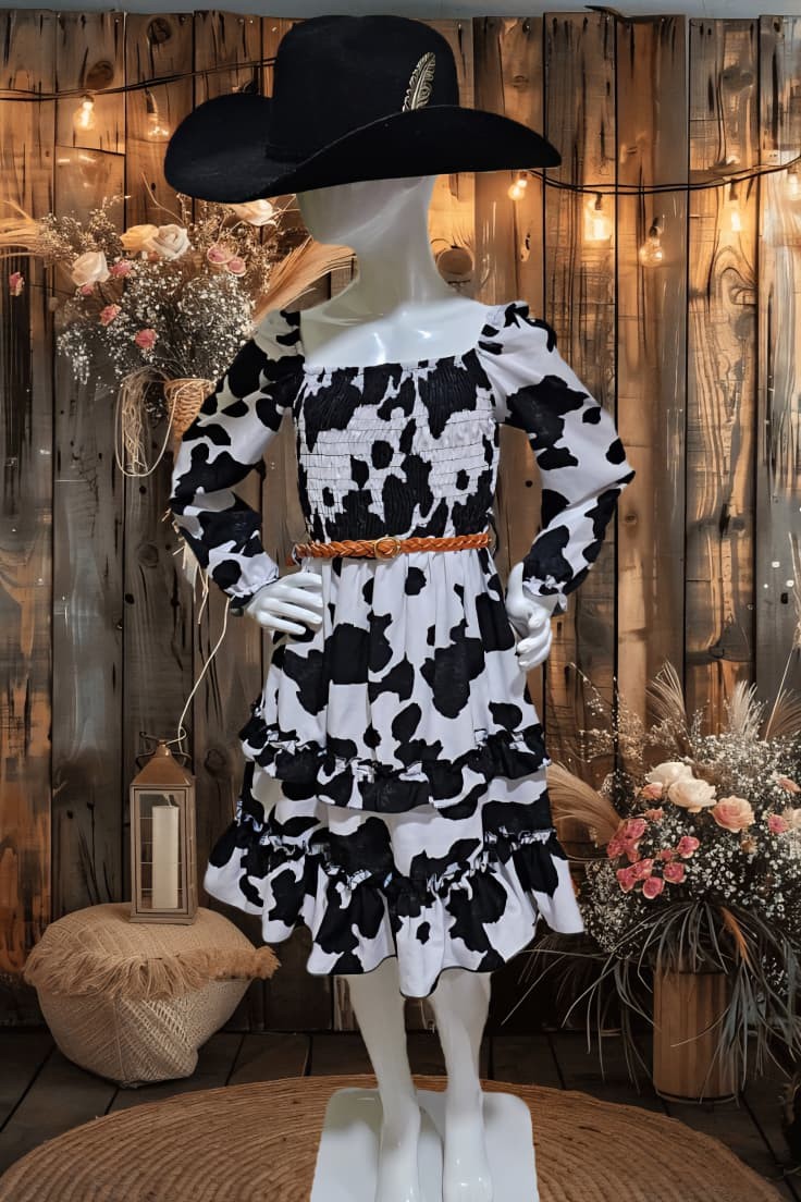 Vestido de niña Cowboy manga larga estampado de vaca