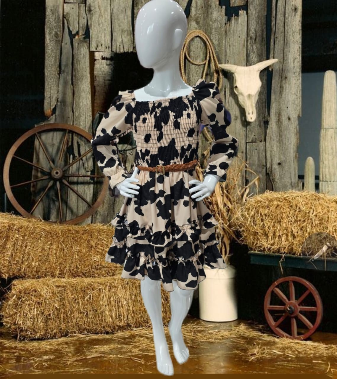 Vestido de niña Cowboy manga larga estampado de vaca