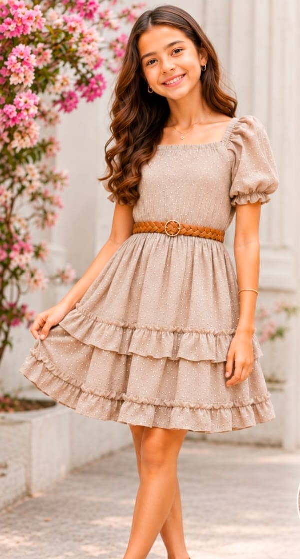 Vestido de niña Carol Brillitos con cinturón trenzado