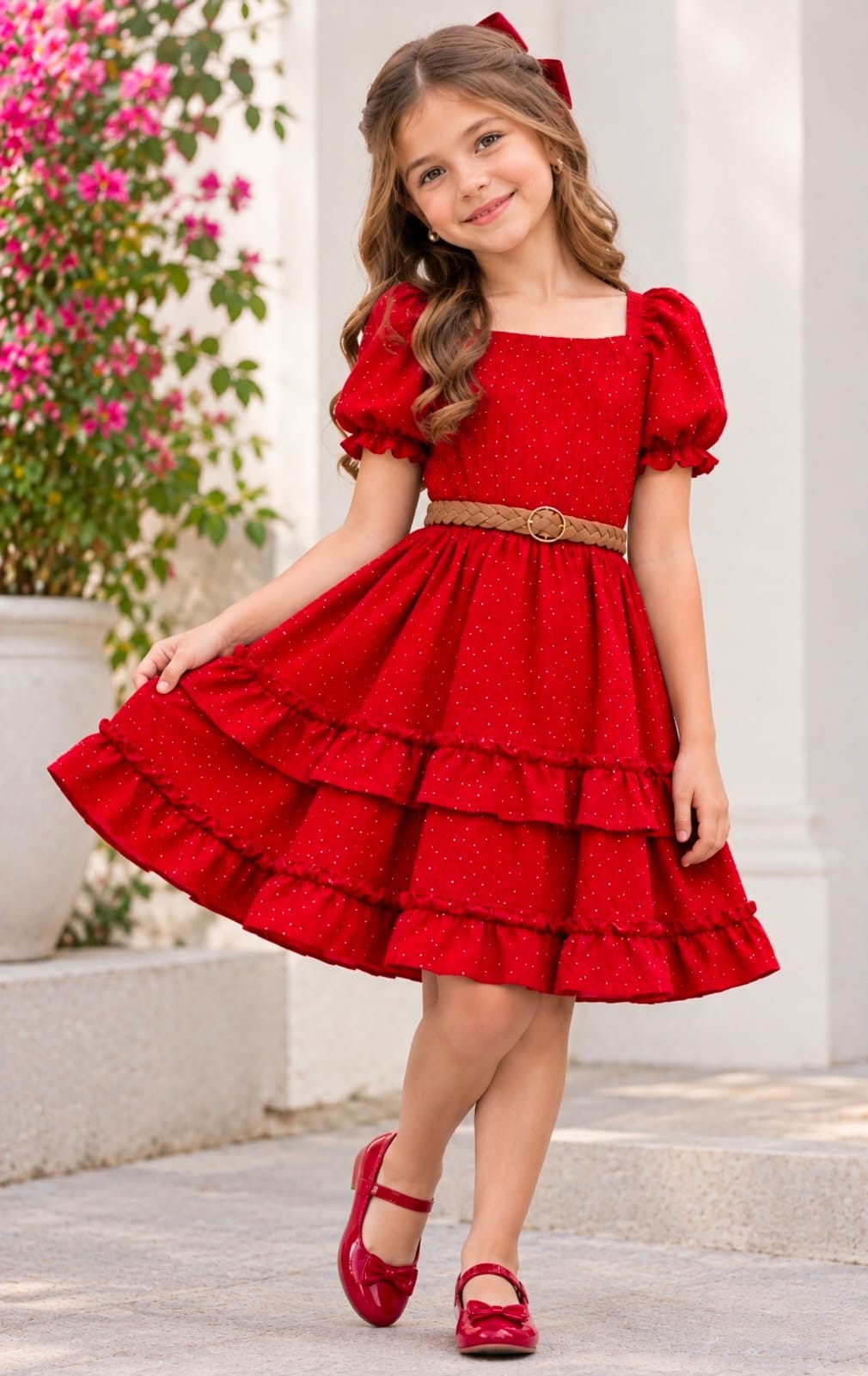 Vestido de niña Carol Brillitos con cinturón trenzado
