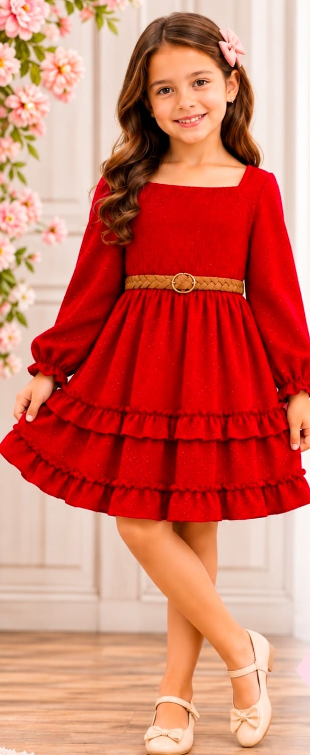 Vestido de niña Carol Brillitos manga larga con cinturón trenzado