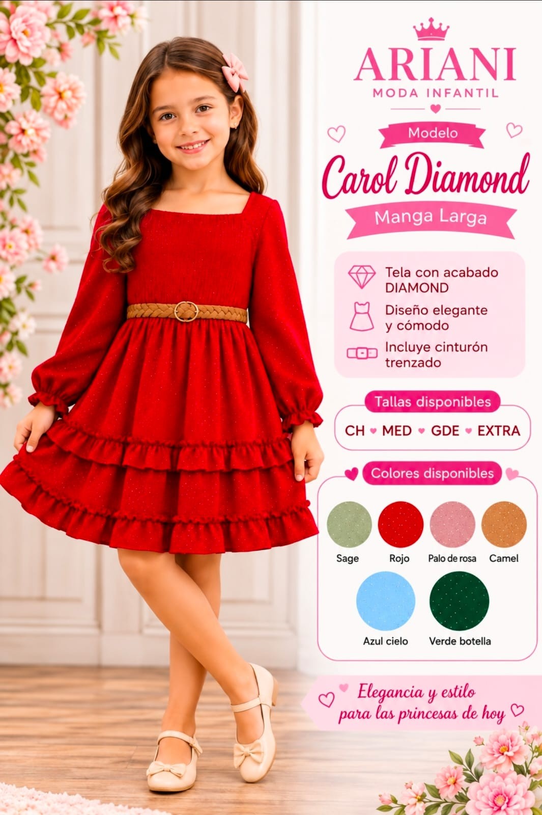 Vestido de niña Carol Brillitos manga larga con cinturón trenzado