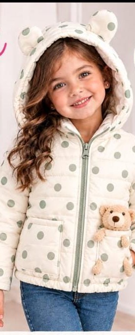 Chamarra de niña puntitos con orejitas y osito de peluche