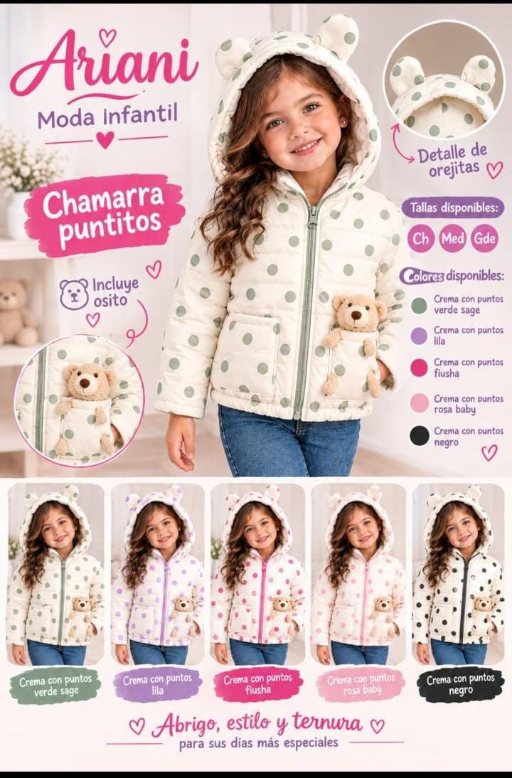 Chamarra de niña puntitos con orejitas y osito de peluche