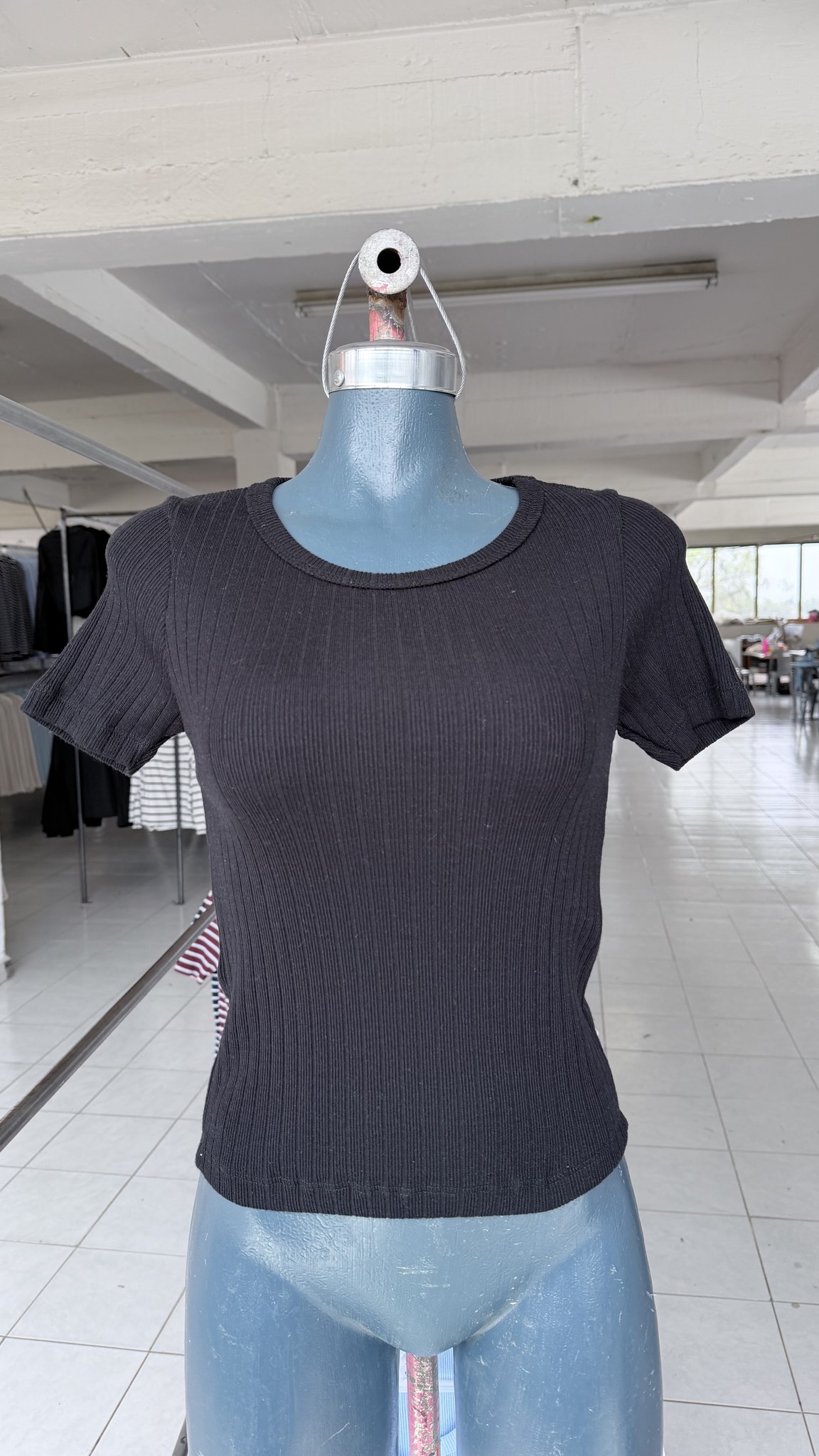Blusa básica de viscosa acanalada, manga corta y cuello redondo